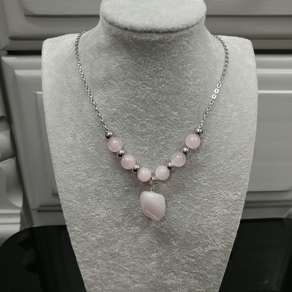 Rose Quartz Necklace Natural Gemstone Crystal Pendant Stainless-Steel Chain - Picture 8 of 16